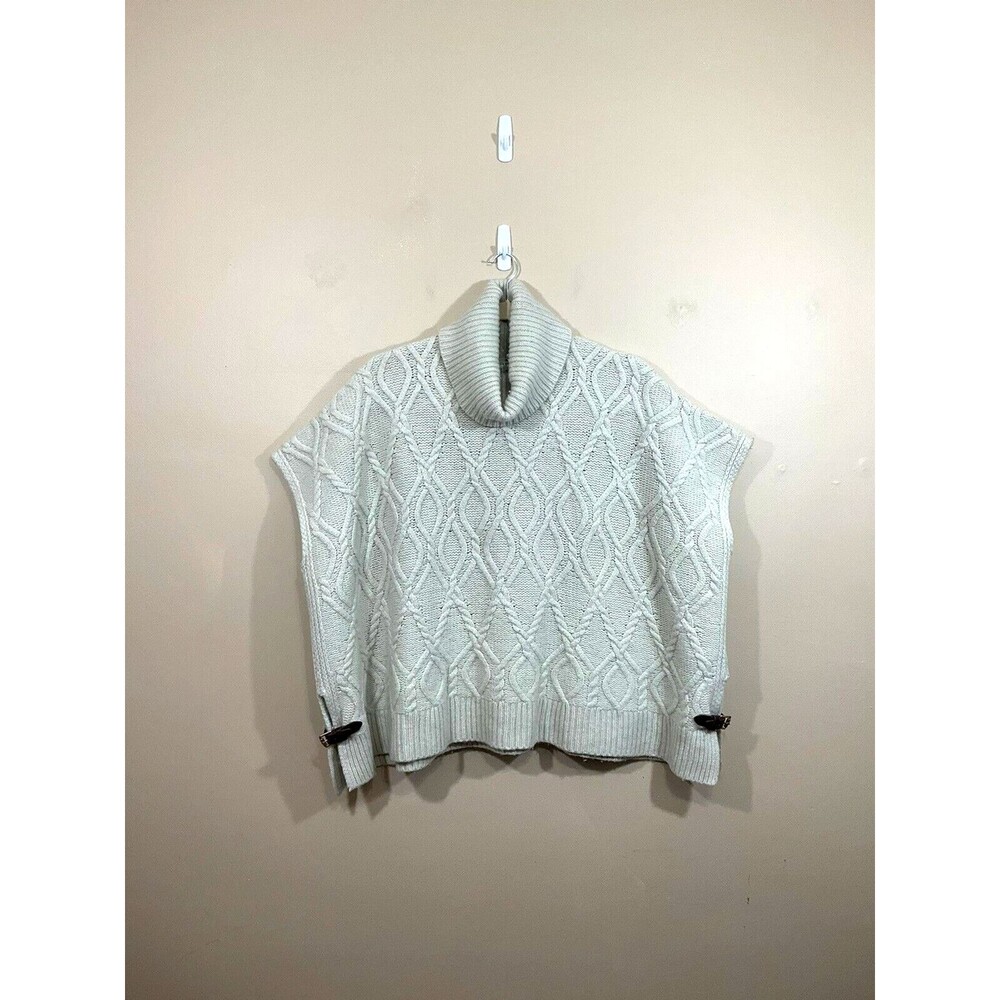 Max Studio Womens Wool Sweater Poncho XL Ivory Buckles Minimalist Cowl Neck